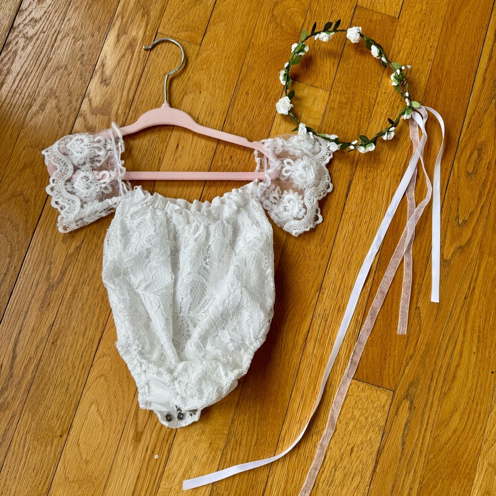 White Lace Baby Romper with Floral Headband